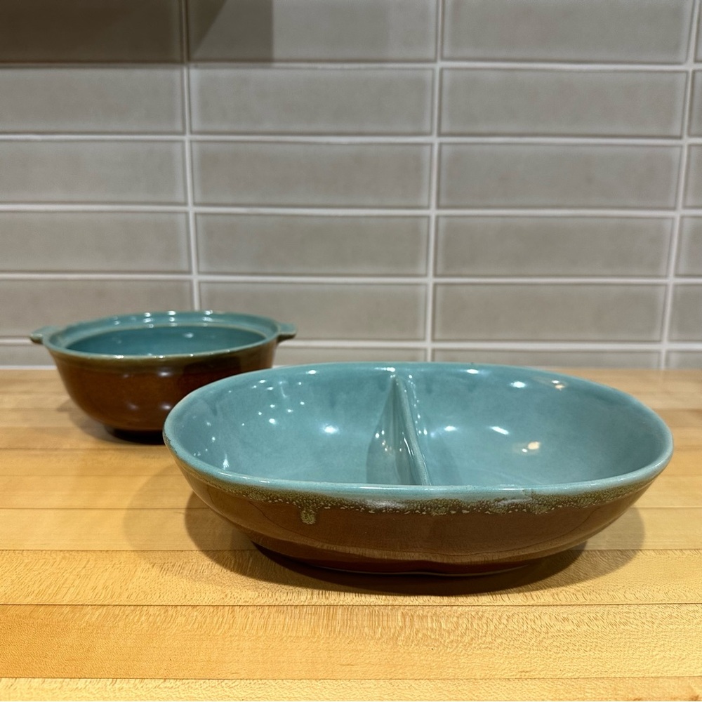 Elegant Teal Brown Vintage Mid-Century Ceramic Bowl Set - Artist Signed Pottery